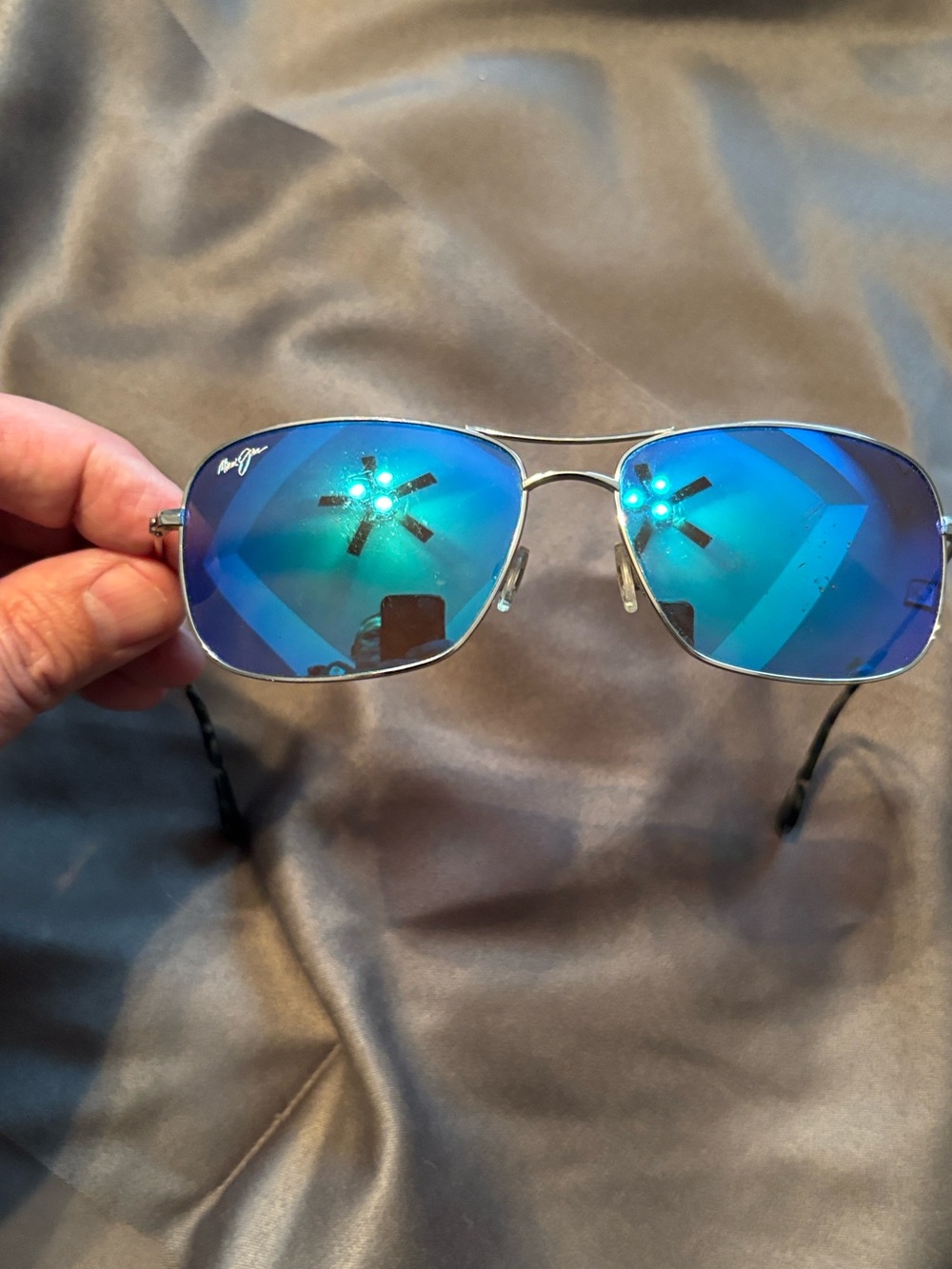 Maui Jim Blue Mirrored Rectangular Sunglasses with Silver Frame